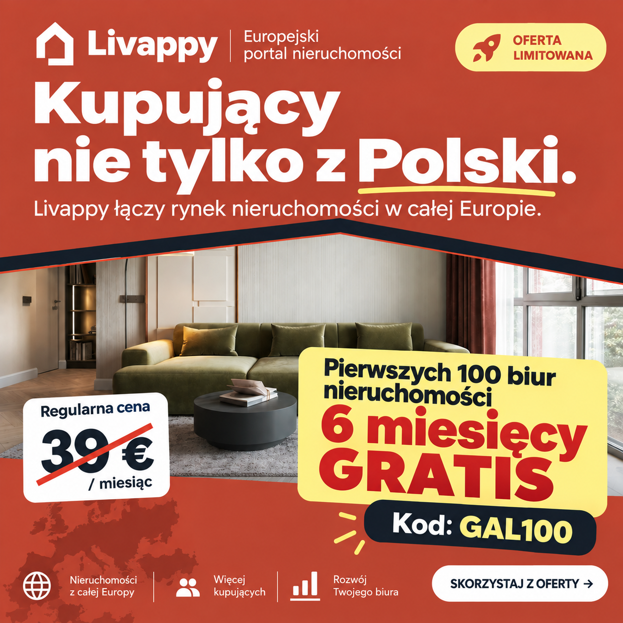 Pierwszych 100 biur nieruchomości otrzymuje 6 miesięcy Livappy gratis. Kod GAL100.